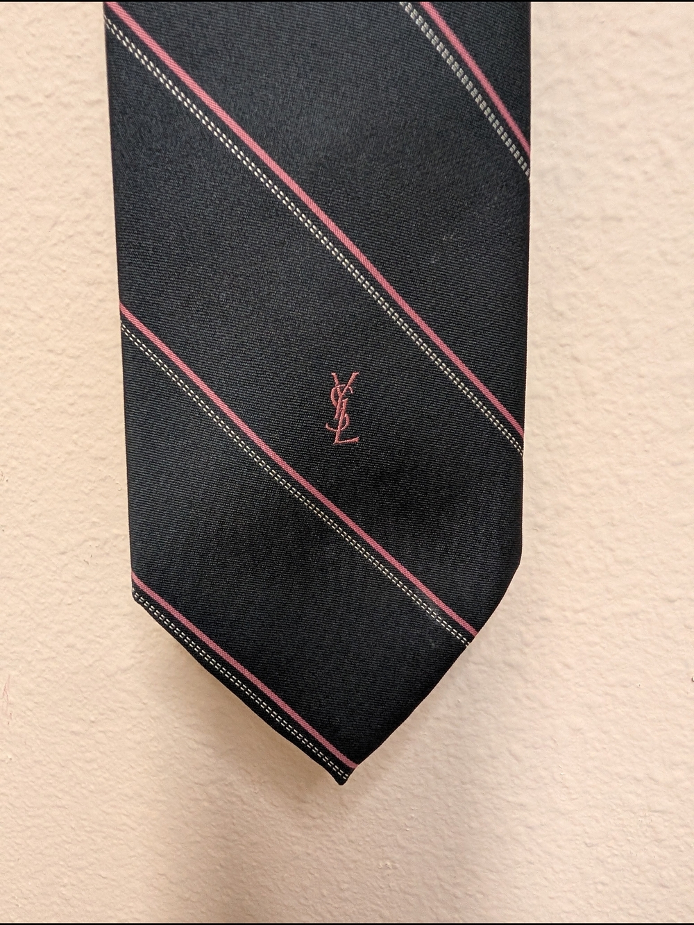 Yves Saint Laurent YSL Tie Black Pink Stripe Regimental Vintage Paris New York